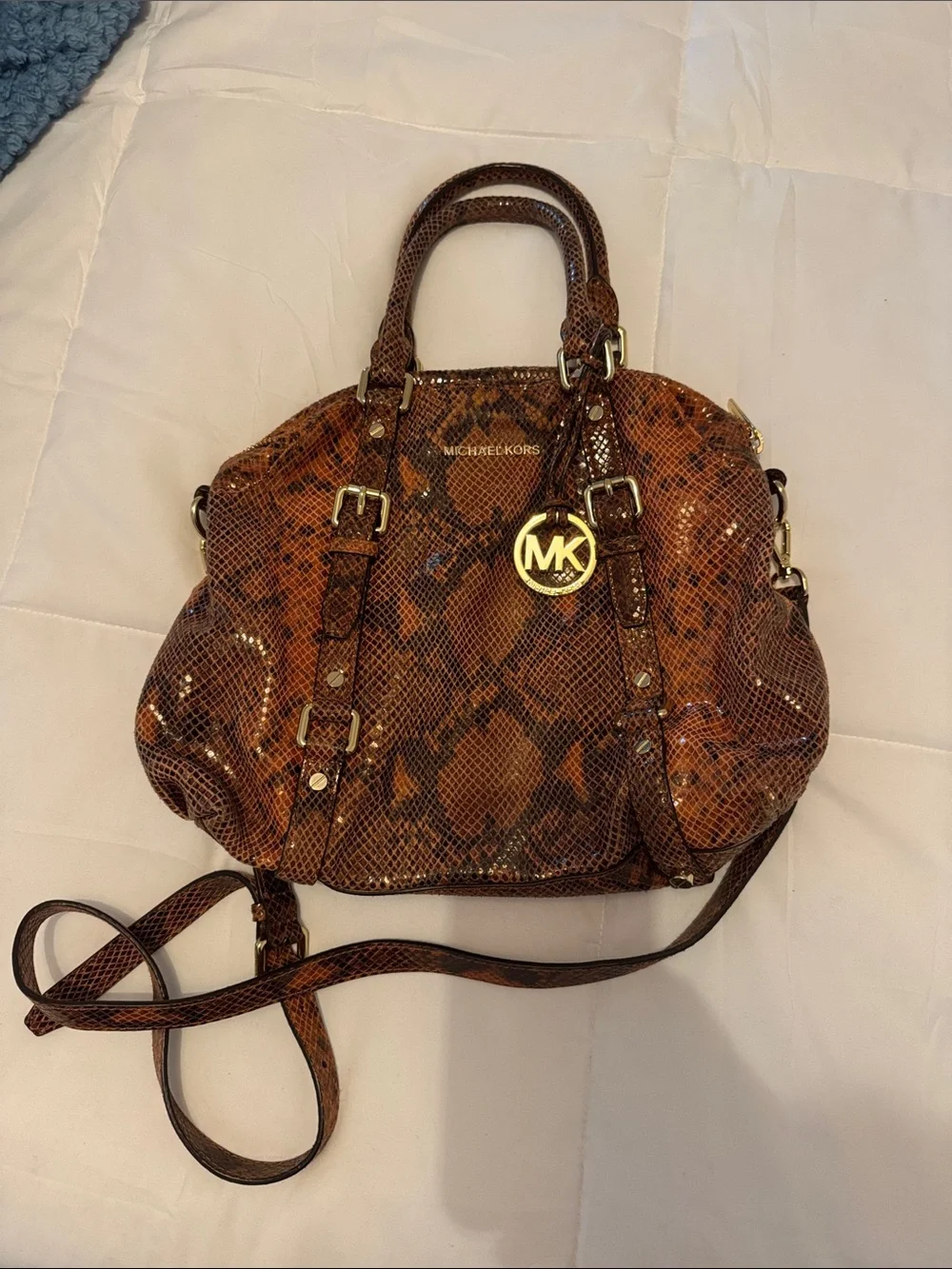 Michael Kors Brown Snake-Print Satchel with Gold Hardware